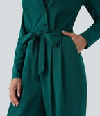 V-neck Long Sleeve Belted Jumpsuit with Pockets — Bayberry — view 6
