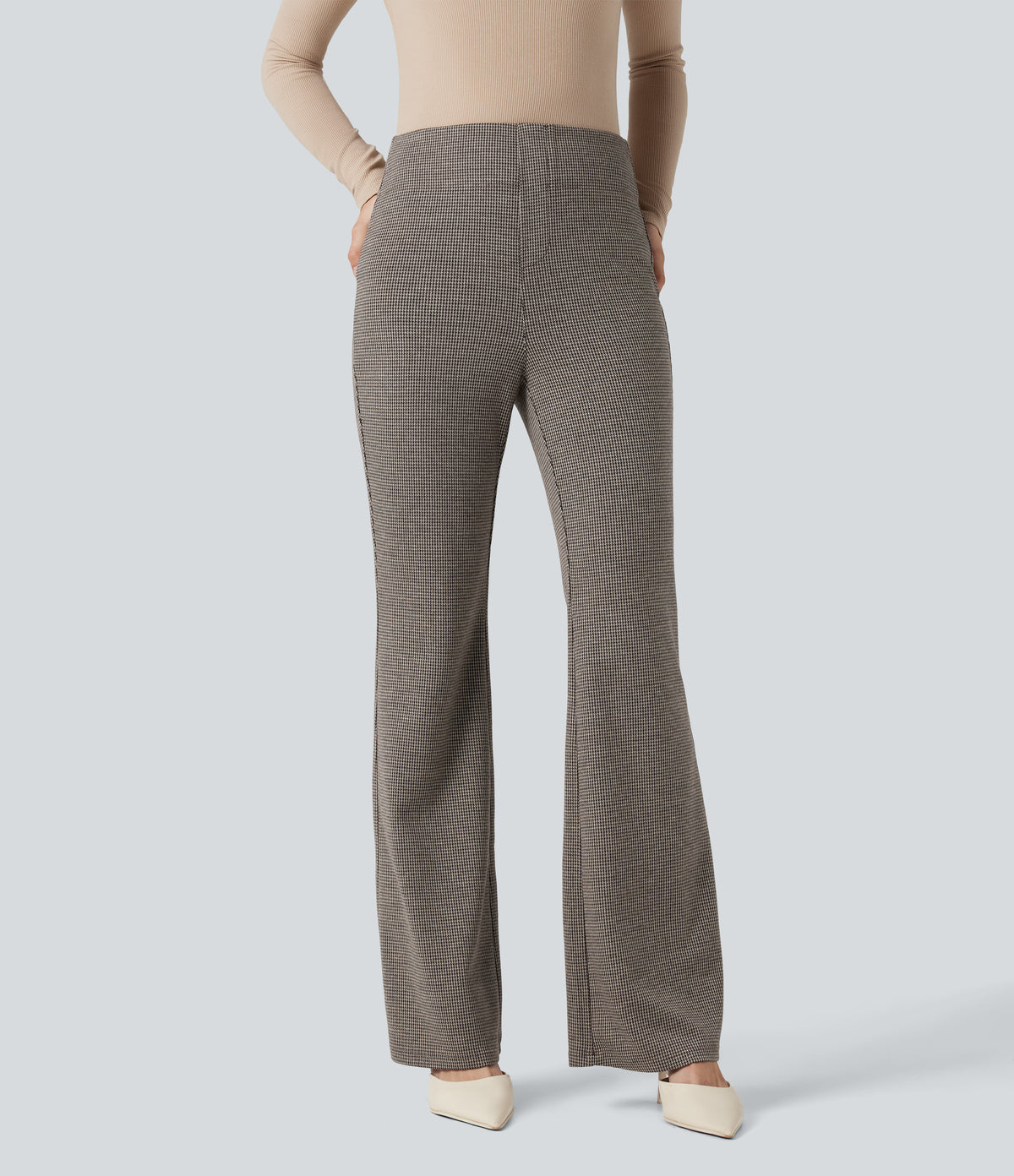 High Waisted Houndstooth Flared Work Trousers with Pockets — Urban Marl — view 3