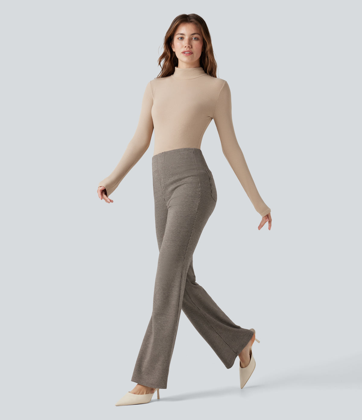 High Waisted Houndstooth Flared Work Trousers with Pockets — Urban Marl — view 8
