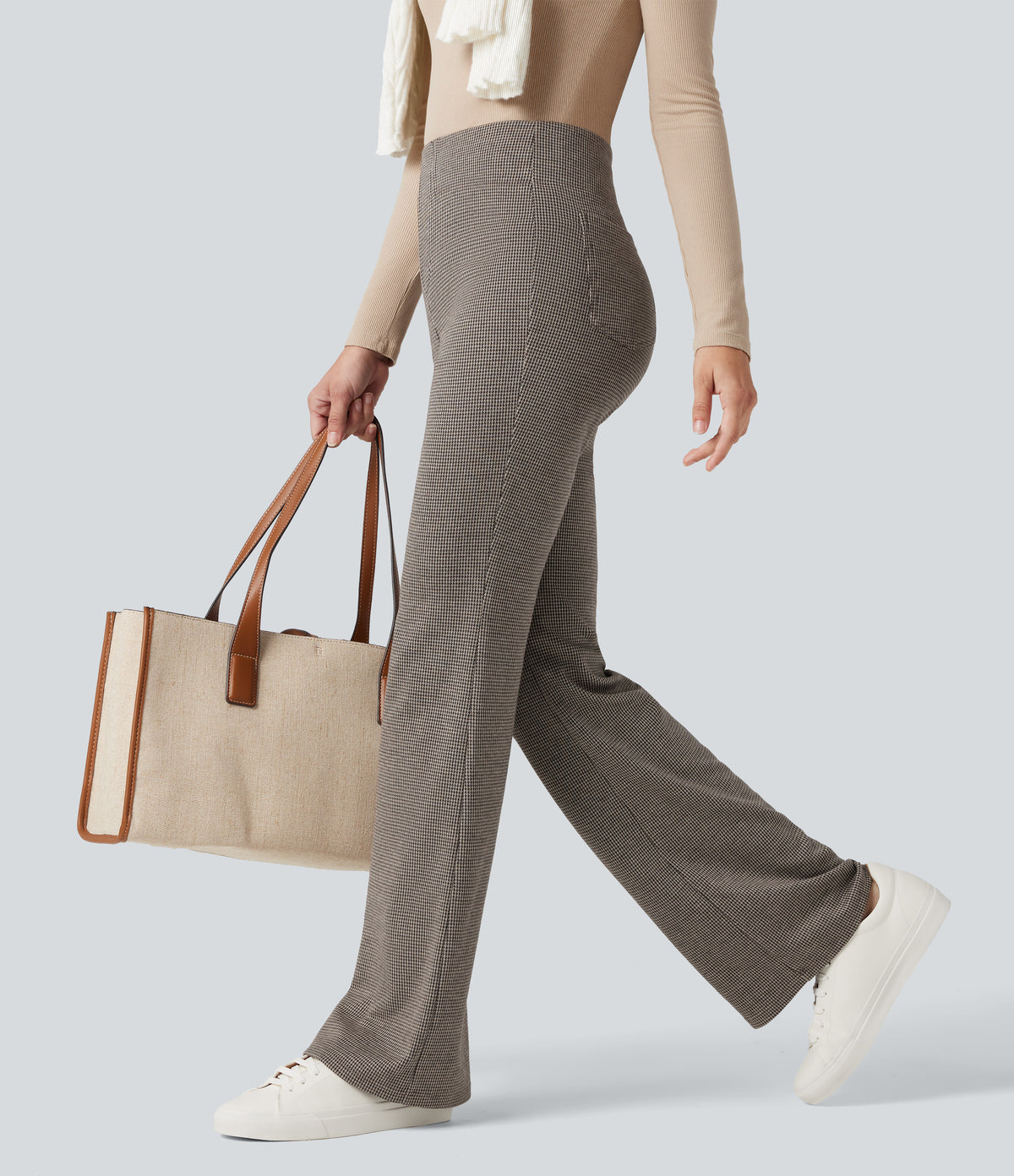 High Waisted Houndstooth Flared Work Trousers with Pockets — Urban Marl — view 6