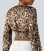 V Neck Long Sleeve Leopard Print Cropped Casual Blouse — Safari Leopard — view 4