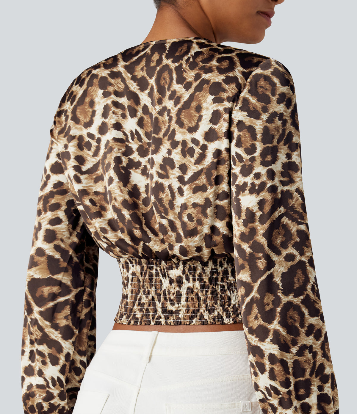 V Neck Long Sleeve Leopard Print Cropped Casual Blouse — Safari Leopard — view 4