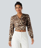 V Neck Long Sleeve Leopard Print Cropped Casual Blouse — Safari Leopard — view 3