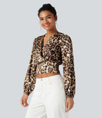 V Neck Long Sleeve Leopard Print Cropped Casual Blouse — Safari Leopard — view 1
