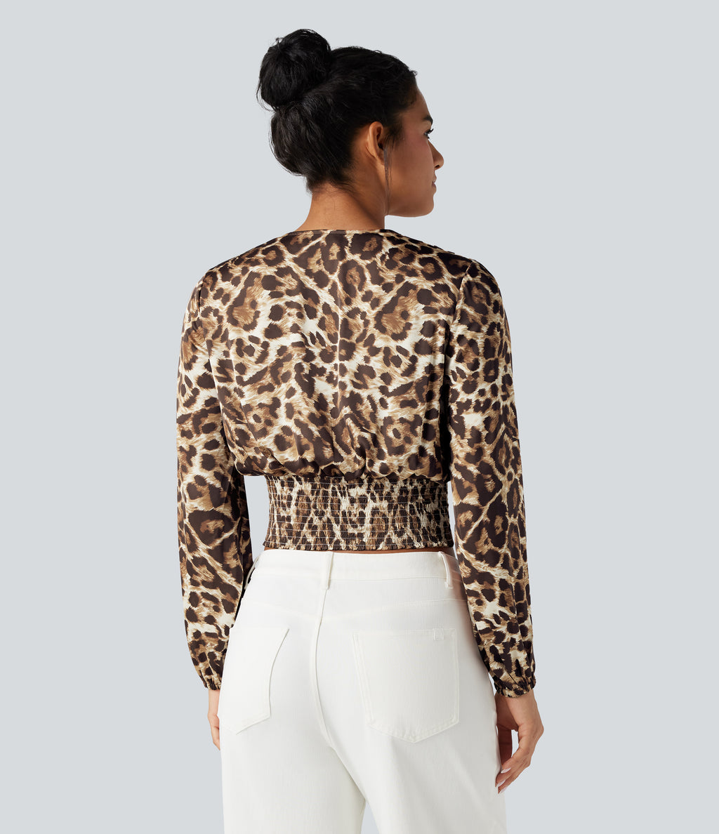 V Neck Long Sleeve Leopard Print Cropped Casual Blouse — Safari Leopard — view 2