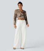 V Neck Long Sleeve Leopard Print Cropped Casual Blouse — Safari Leopard — view 6