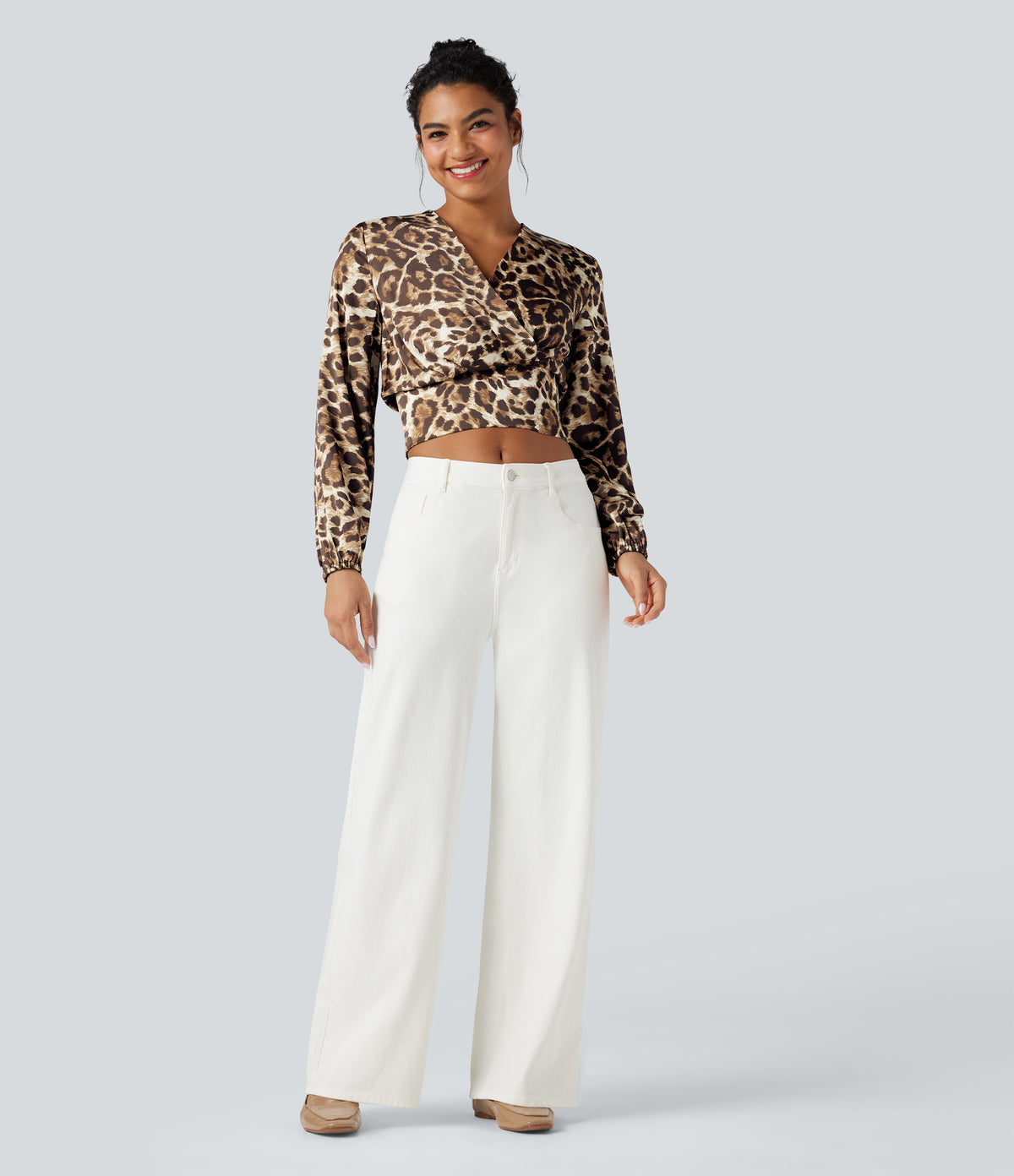 V Neck Long Sleeve Leopard Print Cropped Casual Blouse — Safari Leopard — view 6