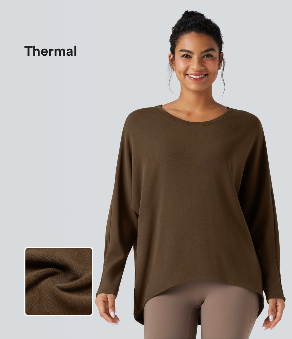 Scoop Neck Long Sleeve High-Low Oversized Thermal Casual Top — Cocoa — view 1