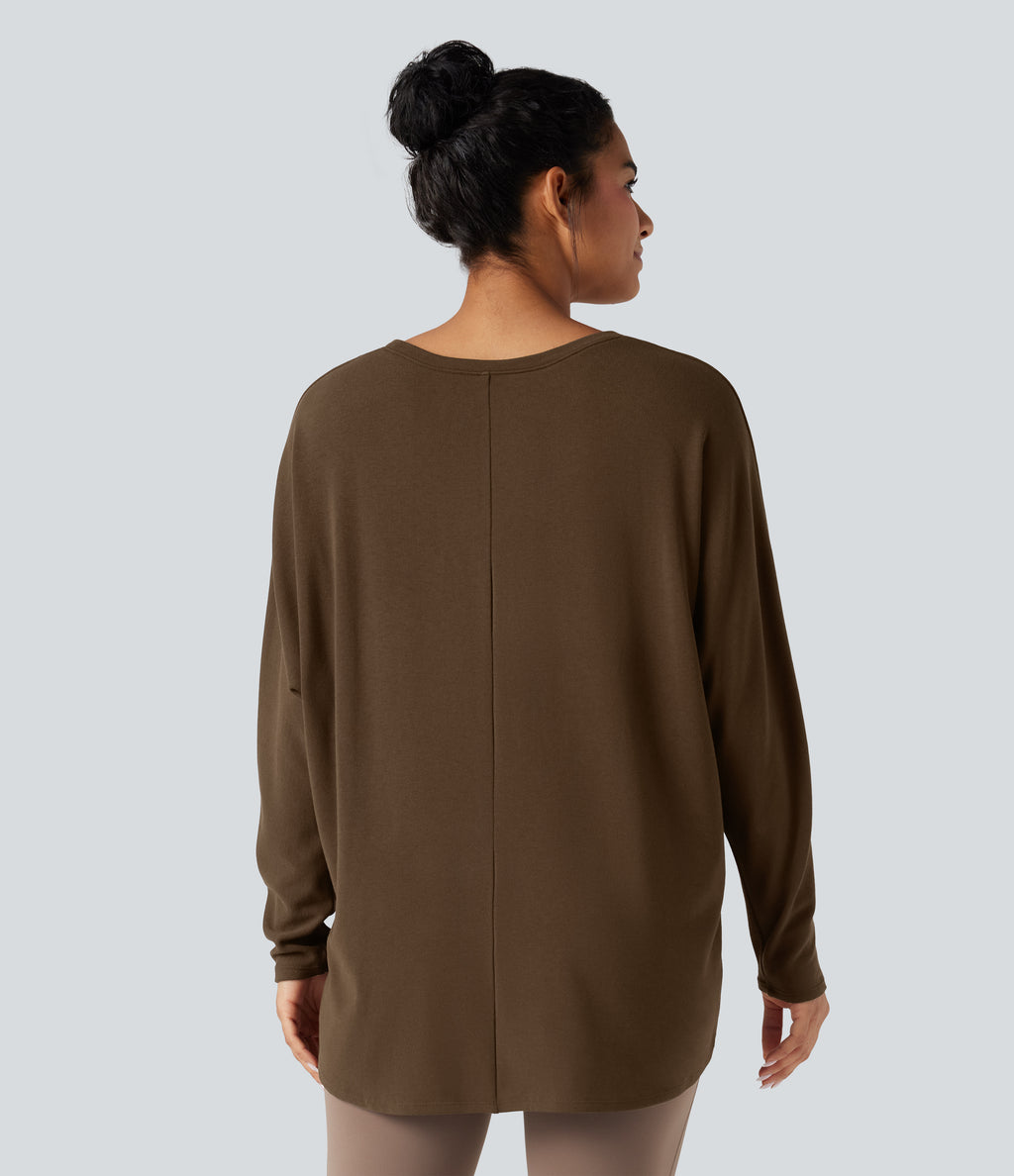 Scoop Neck Long Sleeve High-Low Oversized Thermal Casual Top — Cocoa — view 2