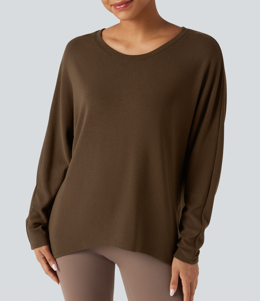 Scoop Neck Long Sleeve High-Low Oversized Thermal Casual Top — Cocoa — view 5