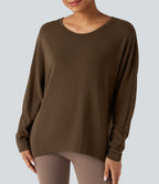 Scoop Neck Long Sleeve High-Low Oversized Thermal Casual Top — Cocoa — view 5