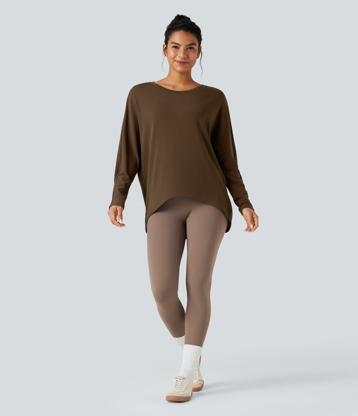 Scoop Neck Long Sleeve High-Low Oversized Thermal Casual Top — Cocoa — view 7