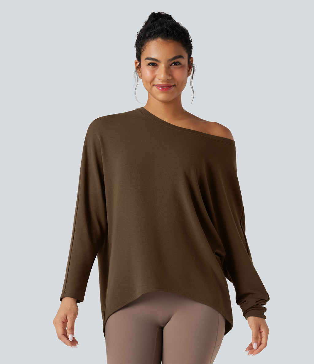 Scoop Neck Long Sleeve High-Low Oversized Thermal Casual Top — Cocoa — view 4