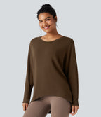 Scoop Neck Long Sleeve High-Low Oversized Thermal Casual Top — Cocoa — view 3