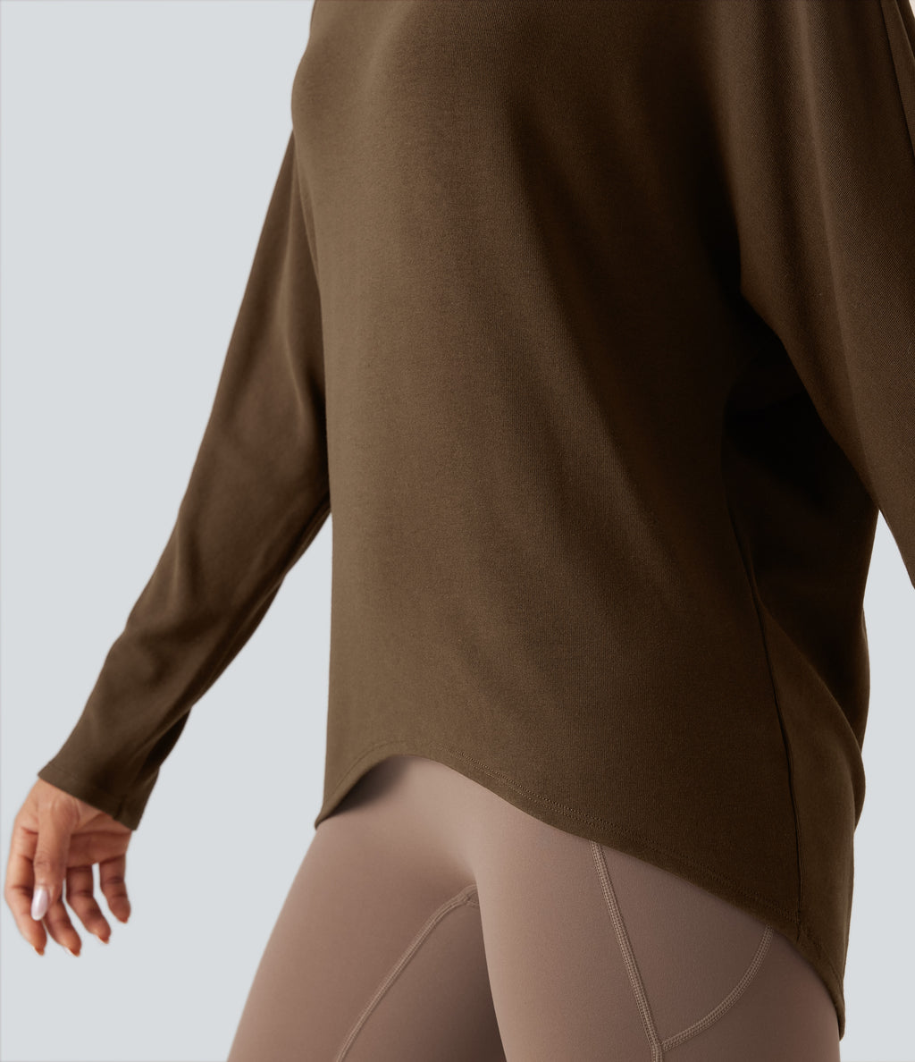 Scoop Neck Long Sleeve High-Low Oversized Thermal Casual Top — Cocoa — view 6