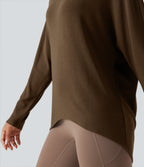 Scoop Neck Long Sleeve High-Low Oversized Thermal Casual Top — Cocoa — view 6