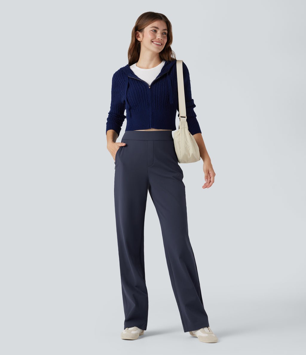 Plush Thermal High Waisted Straight Leg Casual Trousers with Zip Pockets — Overture — view 5
