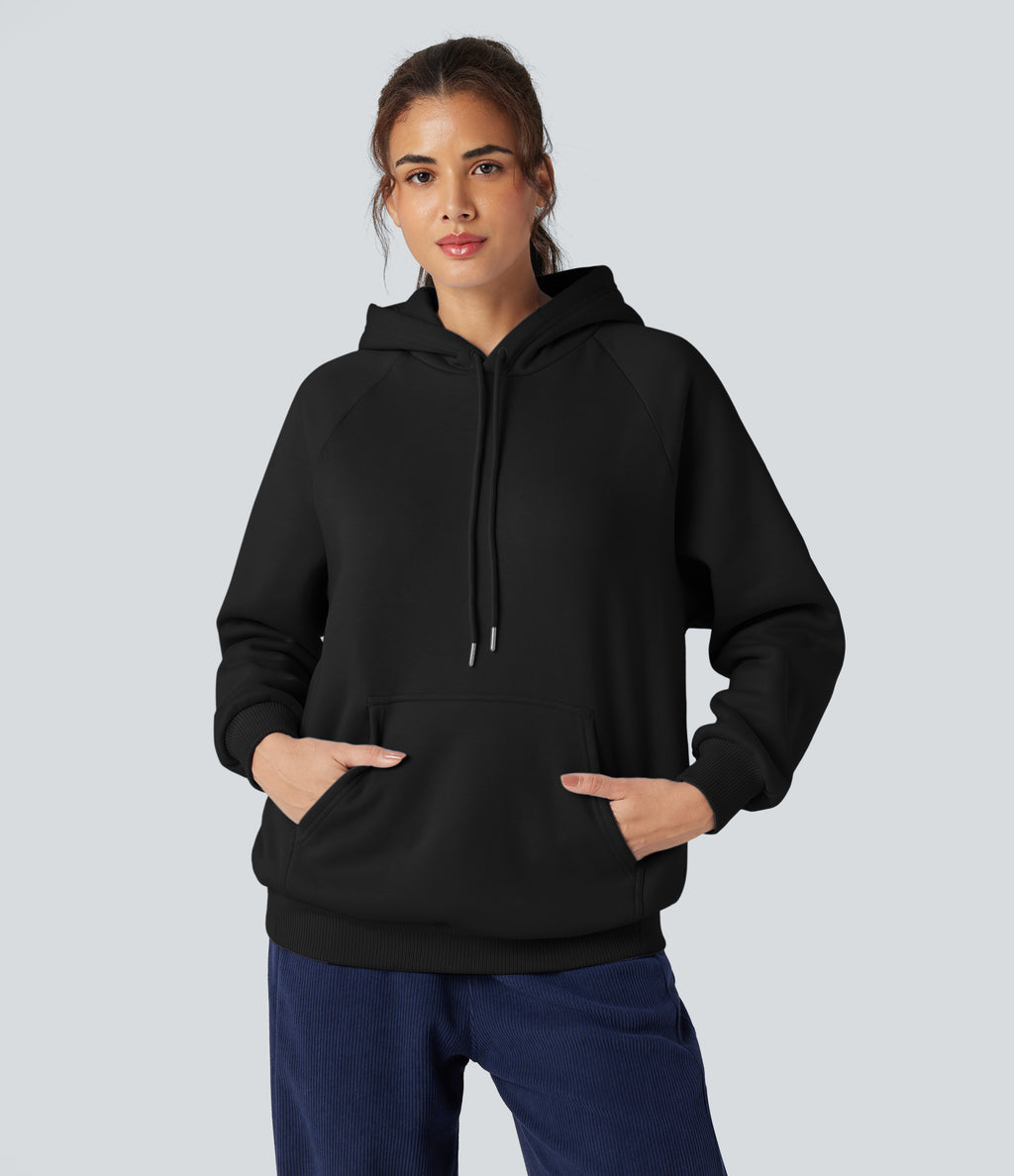 Hooded Drawstring Long Sleeve Fleece Casual Cotton Sweatshirt with Pockets — Black — view 1