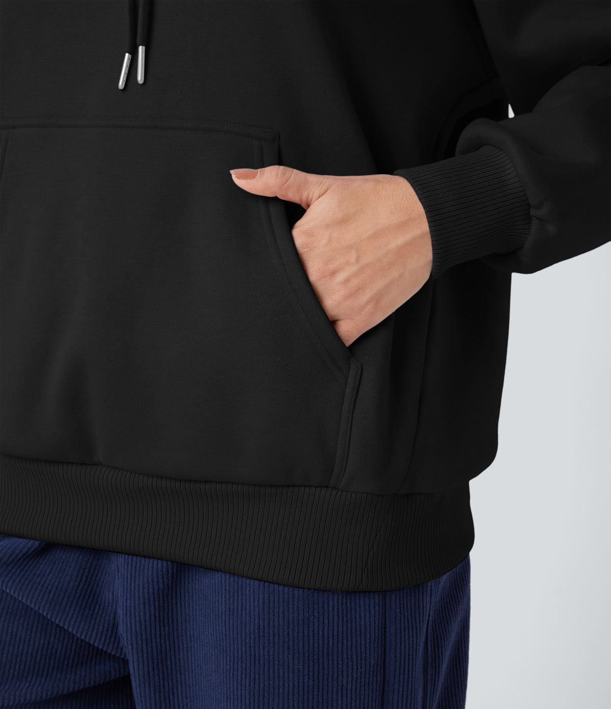 Hooded Drawstring Long Sleeve Fleece Casual Cotton Sweatshirt with Pockets — Black — view 7