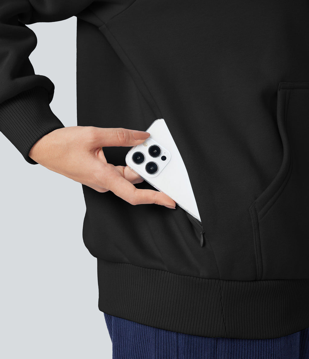 Hooded Drawstring Long Sleeve Fleece Casual Cotton Sweatshirt with Pockets — Black — view 6