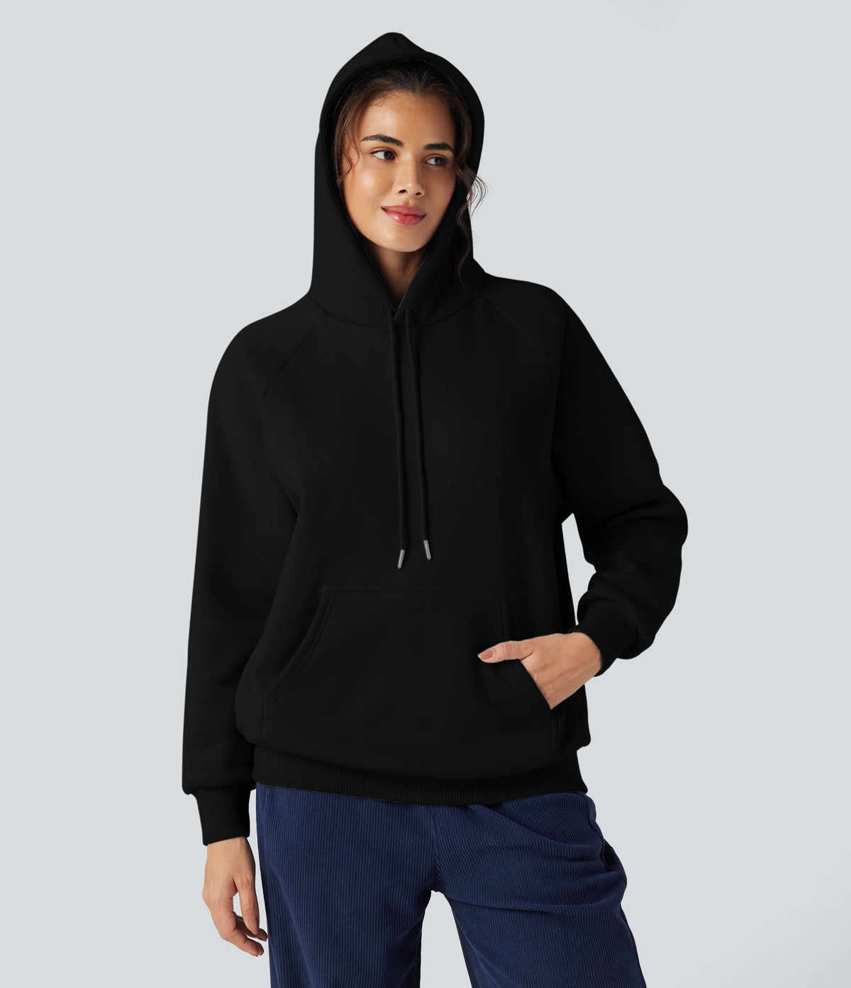 Hooded Drawstring Long Sleeve Fleece Casual Cotton Sweatshirt with Pockets — Black — view 8