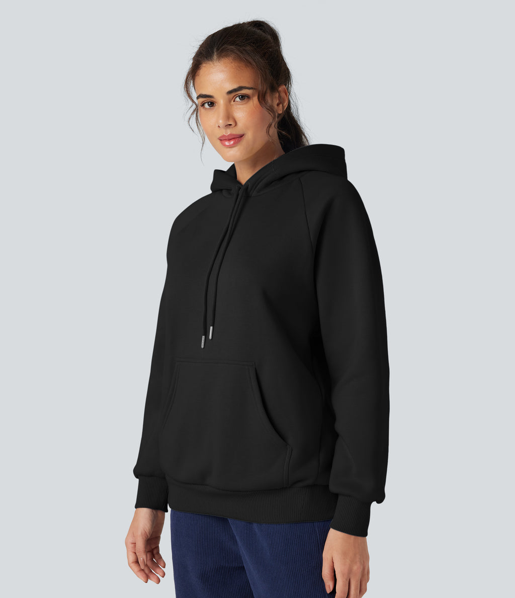 Hooded Drawstring Long Sleeve Fleece Casual Cotton Sweatshirt with Pockets — Black — view 3