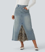 Mid Rise Contrast Leopard Mesh Midi Denim Casual A-line Skirt with Pockets — Sunset Blue Denim — view 1