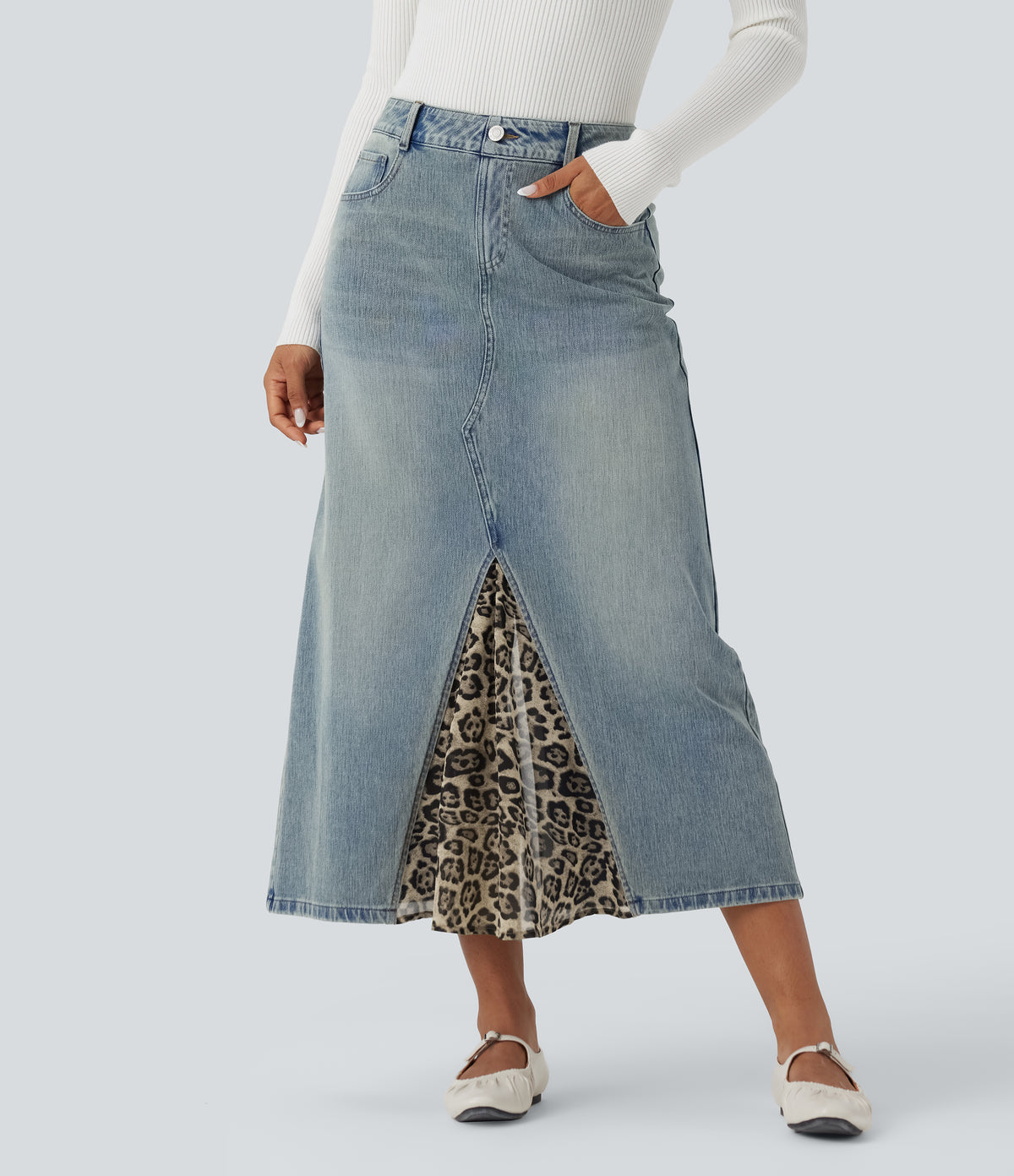 Mid Rise Contrast Leopard Mesh Midi Denim Casual A-line Skirt with Pockets — Sunset Blue Denim — view 1
