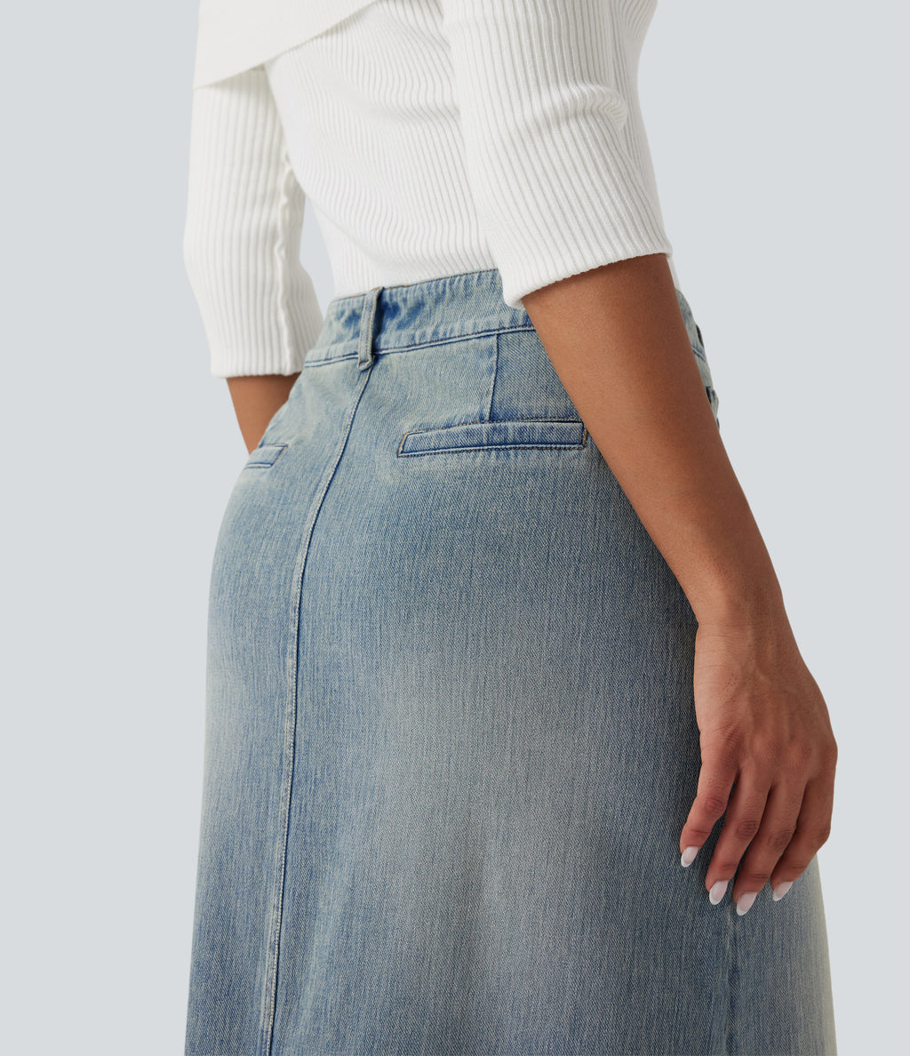 Mid Rise Contrast Leopard Mesh Midi Denim Casual A-line Skirt with Pockets — Sunset Blue Denim — view 5