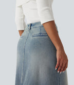 Mid Rise Contrast Leopard Mesh Midi Denim Casual A-line Skirt with Pockets — Sunset Blue Denim — view 5
