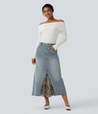 Mid Rise Contrast Leopard Mesh Midi Denim Casual A-line Skirt with Pockets — Sunset Blue Denim — view 8