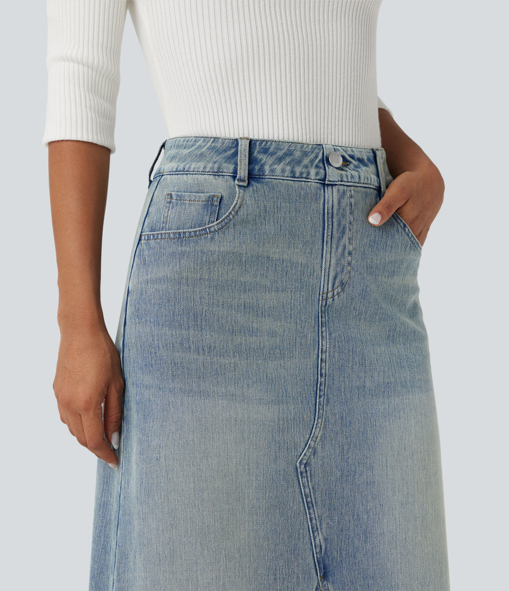 Mid Rise Contrast Leopard Mesh Midi Denim Casual A-line Skirt with Pockets — Sunset Blue Denim — view 4