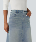 Mid Rise Contrast Leopard Mesh Midi Denim Casual A-line Skirt with Pockets — Sunset Blue Denim — view 4