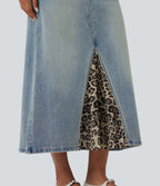 Mid Rise Contrast Leopard Mesh Midi Denim Casual A-line Skirt with Pockets — Sunset Blue Denim — view 6