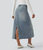 Mid Rise Contrast Leopard Mesh Midi Denim Casual A-line Skirt with Pockets — Sunset Blue Denim — view 2