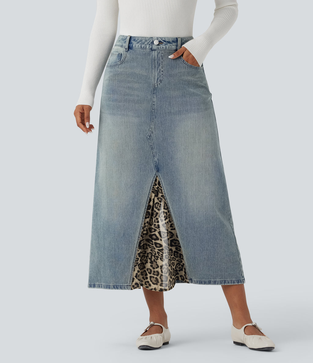 Mid Rise Contrast Leopard Mesh Midi Denim Casual A-line Skirt with Pockets — Sunset Blue Denim — view 7