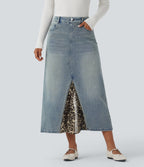Mid Rise Contrast Leopard Mesh Midi Denim Casual A-line Skirt with Pockets — Sunset Blue Denim — view 7