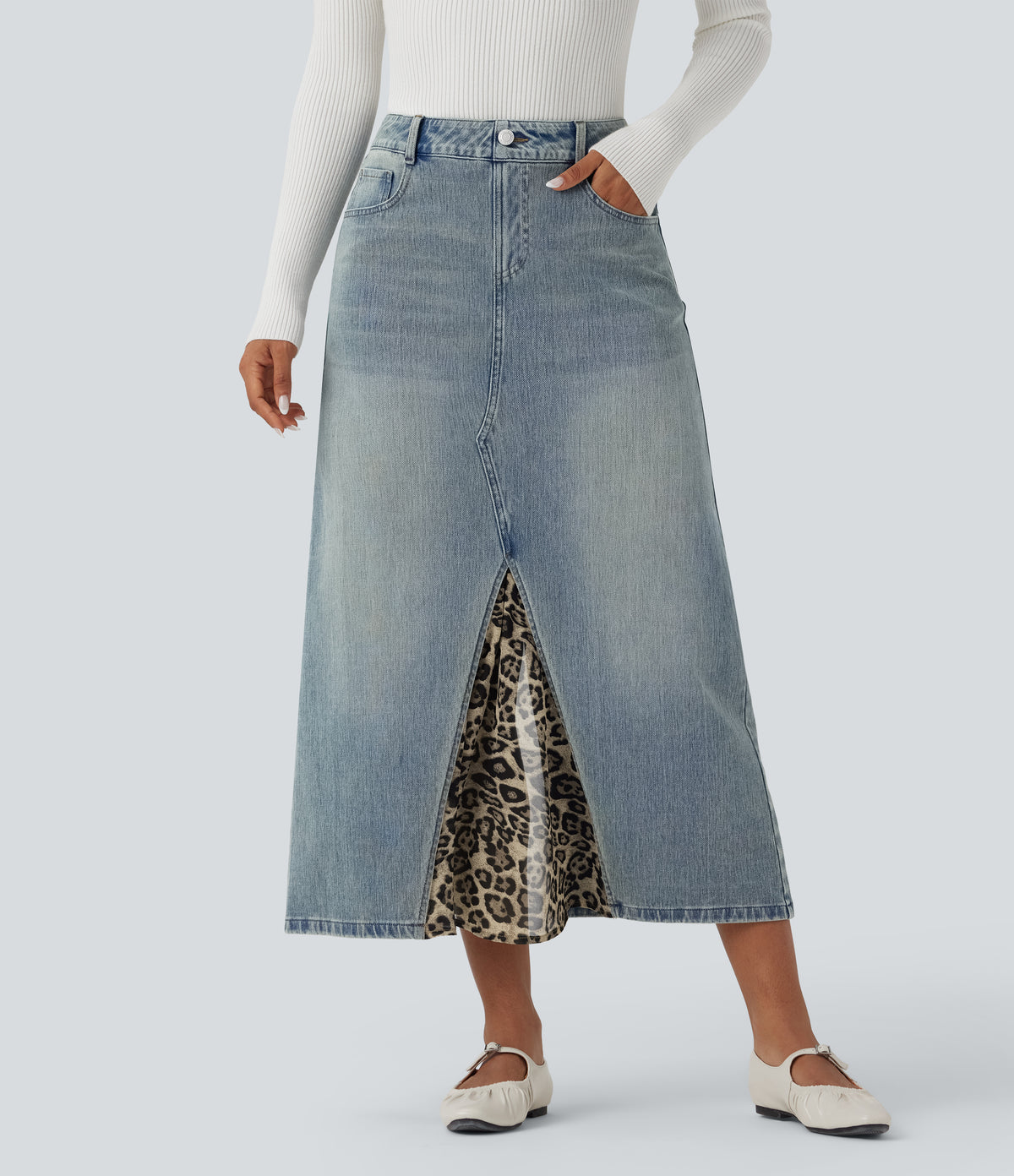 Mid Rise Contrast Leopard Mesh Midi Denim Casual A-line Skirt with Pockets — Sunset Blue Denim — view 7
