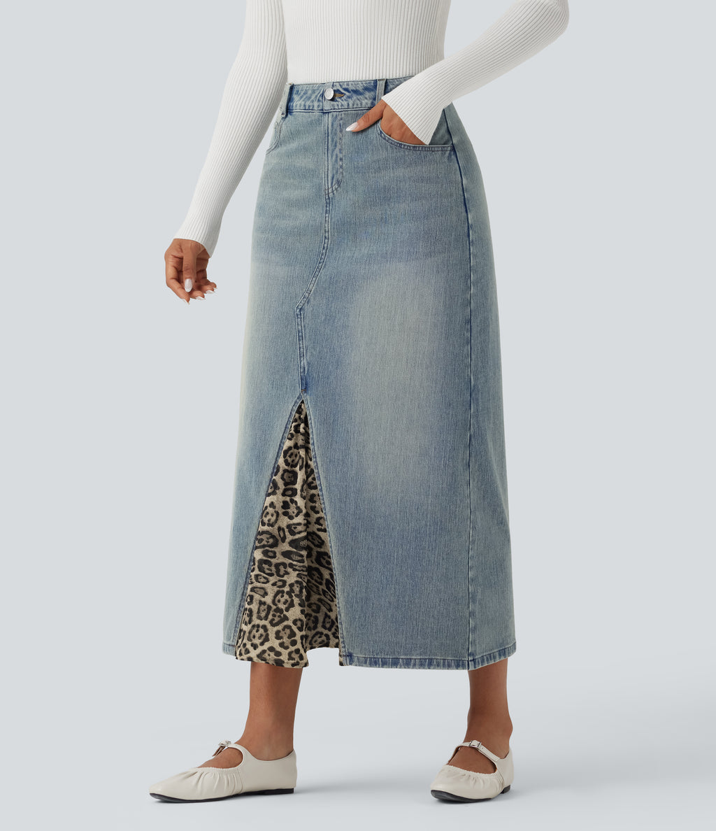 Mid Rise Contrast Leopard Mesh Midi Denim Casual A-line Skirt with Pockets — Sunset Blue Denim — view 3