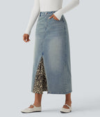 Mid Rise Contrast Leopard Mesh Midi Denim Casual A-line Skirt with Pockets — Sunset Blue Denim — view 3