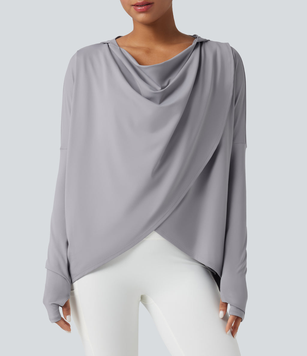 Hooded Cowl Neck Long Sleeve Thumb Hole Yoga Sports Top with Pockets — Mist Grey — view 4