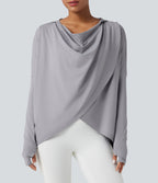 Hooded Cowl Neck Long Sleeve Thumb Hole Yoga Sports Top with Pockets — Mist Grey — view 4