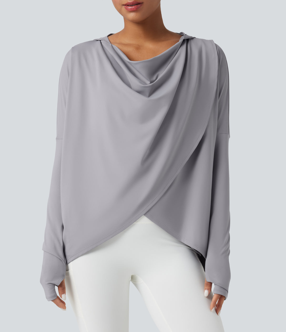 Hooded Cowl Neck Long Sleeve Thumb Hole Yoga Sports Top with Pockets — Mist Grey — view 4