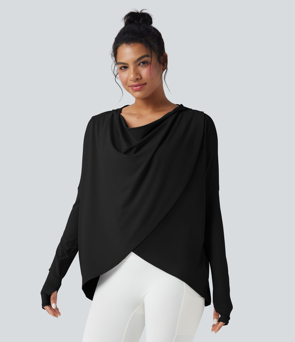 Hooded Cowl Neck Long Sleeve Thumb Hole Yoga Sports Top with Pockets — Black — view 6