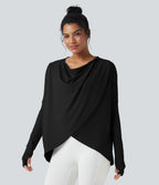 Hooded Cowl Neck Long Sleeve Thumb Hole Yoga Sports Top with Pockets — Black — view 6