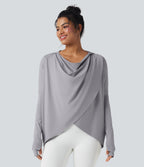 Hooded Cowl Neck Long Sleeve Thumb Hole Yoga Sports Top with Pockets — Mist Grey — view 3