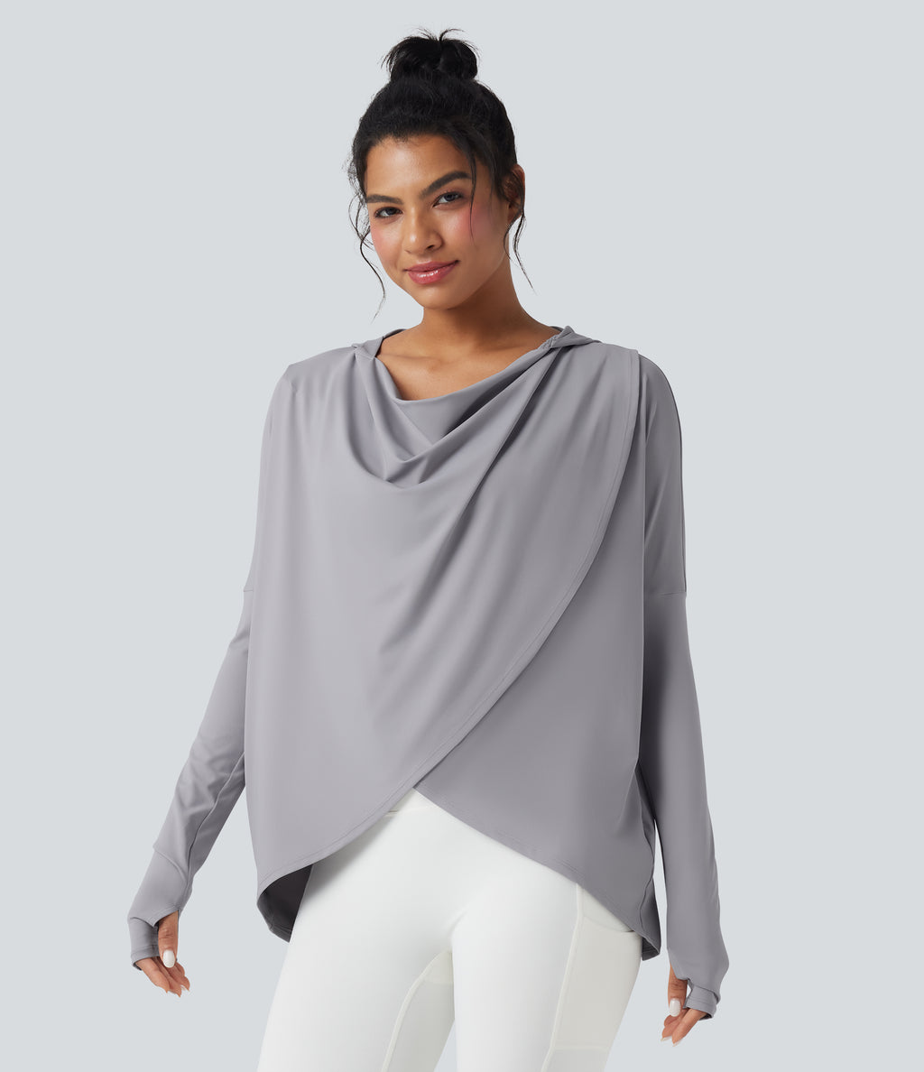 Hooded Cowl Neck Long Sleeve Thumb Hole Yoga Sports Top with Pockets — Mist Grey — view 1