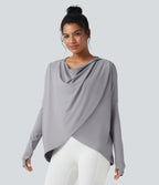 Hooded Cowl Neck Long Sleeve Thumb Hole Yoga Sports Top with Pockets — Mist Grey — view 1