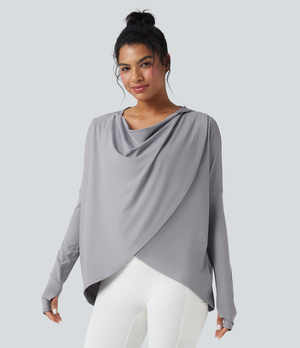 Hooded Cowl Neck Long Sleeve Thumb Hole Yoga Sports Top with Pockets — Mist Grey — view 1
