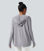 Hooded Cowl Neck Long Sleeve Thumb Hole Yoga Sports Top with Pockets — Mist Grey — view 2